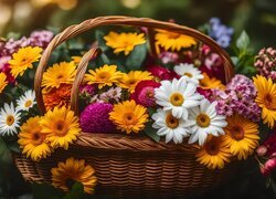Wiklinowy koszyk pełen różnorodnych kwiatów