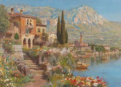 Malarstwo, Alois Arnegger, Włochy, Riva del Garda, Jezioro Garda, Dom, Góry