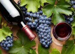Wino w butelce i w kieliszku obok kiści winogron oraz liści