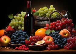 Kompozycja, Owoce, Wino, Butelka, Koszyk, Winogrona, Jabłka