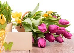 Kwiaty, Tulipany, Frezje, Doniczka, Trawa, Wiosenna, Kompozycja