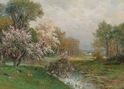Wiosenne drzewa nad stawem w malarstwie Aloisa Arneggera