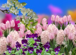Kwiaty, Tulipany, Hiacynty, Bratki, Gałązka, Grafika, Wiosna