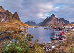 Norwegia, Lofoty, Wyspa Moskenesoya, Wioska Reine, Morze Norweskie Skały, Domy, Góry