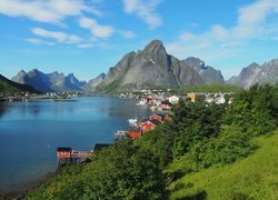 Norwegia, Lofoty, Wyspa Moskenesoya, Wioska Reine, Morze Norweskie, Domy, Góry, Drzewa