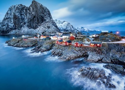 Lofoty, Morze, Góry, Domki, Wioska rybacka, Norwegia