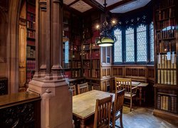 Wnętrze, Biblioteka John Rylands Library, Manchester, Anglia, Książki, Stoły