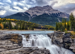 Kanada, Park Narodowy Jasper, Góry, Drzewa, Rzeka Athabasca,  Wodospad Athabasca Falls, Skały