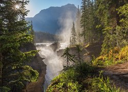 Kanada, Park Narodowy Jasper, Wodospad Athabasca Falls, Góry, Rzeka, Mgła, Świerki, Słońce