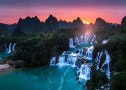 Wodospad, Ban Gioc Waterfall, Rzeka, Cao Bang, Góry, Zachód słońca, Wietnam