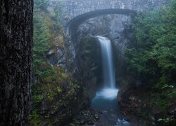 Stany Zjednoczone, Stan Waszyngton, Park Narodowy Mount Rainier, Most, Skały, Rzeka Van Trump Creek, Wodospad Christine Falls, Drzewa, Las, Mgła