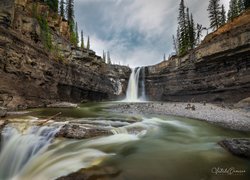 Wodospad, Crescent Falls, Skały, Rzeka, Drzewa, Nordegg, Hrabstwo Clearwater, Kanada