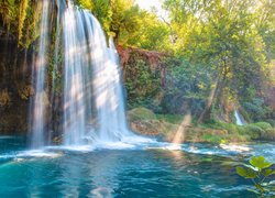 Wodospad, Duden Waterfalls, Skały, Rzeka, Drzewa, Antalya, Turcja