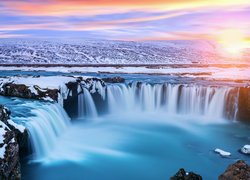 Wodospad, Godafoss, Zima, Islandia