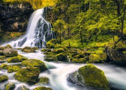 Las, Wodospad Gollinger, Rzeka, Kamienie, Omszałe, Drzewa, Powiat Hallein, Salzburg, Austria