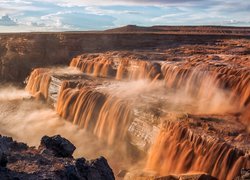 Wodospad, Grand Falls, Skały, Rzeka, Little Colorado River, Zachód słońca, Arizona, Stany Zjednoczone