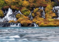 Islandia, Wodospad, Hraunfossar, Jesień, Roślinność