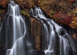 Islandia, Region Vesturland, Wodospad Hraunfossar, Skały, Jesienna, Roślinność