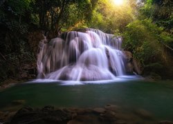 Tajlandia, Prowincja Kanchanaburi, Wodospad, Huay Mae Khamin Waterfall, Rzeka, Khwae Yai, Drzewa, Skały, Kaskada