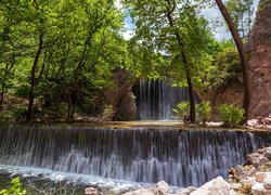 Most, Palaiokarya Bridge, Wodospad, Palaiokarya Waterfall, Drzewa, Próg skalny, Trikala, Grecja