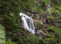 Wodospad, Kamyshlinsky Waterfall, Skały, Drzewa, Schody, Skały, Ałtaj, Rosja