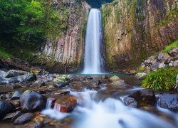 Wodospad, Kaname Falls, Kamienie, Rośliny, Skały, Hitoyoshi, Japonia