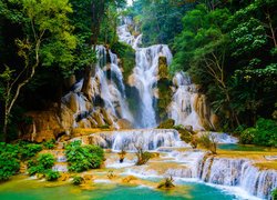 Wodospad, Kuang Si Falls, Drzewa, Skały, Kaskady, Drzewa, Prowincja Louangphrabang, Laos
