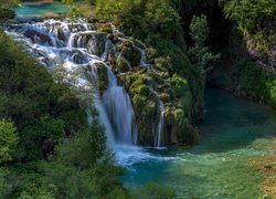 Park Narodowy Jezior Plitwickich, Plitvice, Chorwacja, Drzewa, Skały, Wodospad, Korana Waterfall