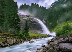 Las, Drzewa, Skała, Mgła, Rzeka, Krimmler, Wodospad Krimml, Kamienie, Austria