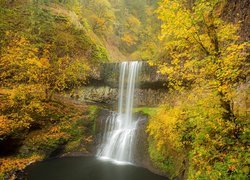 Jesień, Wodospad, Lower South Falls, Żółte, Drzewa, Oregon, Stany Zjednoczone