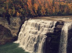 Wodospad, Middle Falls, Jesień, Las, Drzewa, Letchworth State Park, Nowy Jork, Stany Zjednoczone