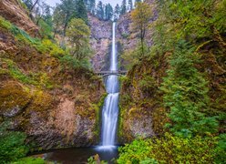 Wodospad, Multnomah Falls, Jesień, Most, Skały, Drzewa, Roślinność, Oregon, Stany Zjednoczone