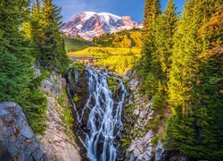 Park Narodowy Mount Rainier, Góry, Stratowulkan Mount Rainier, Wodospad, Myrtle Falls, Drzewa, Stan Waszyngton, Stany Zjednoczone