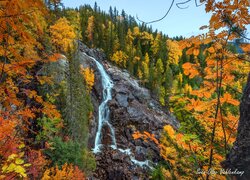 Wodospad na skałach między jesiennymi drzewami