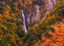 Wodospad na skałach wśród jesiennych drzew