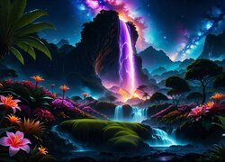 Wodospad na skale i kwiaty nad potokiem pod nocnym niebem