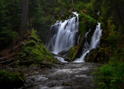 Park Narodowy Jeziora Kraterowego, Las, Drzewa, Skała, Wodospad, National Creek Falls, Rzeka, Kamienie, Oregon, Stany Zjednoczone