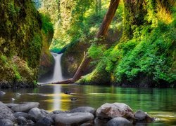 Wodospad Punch Bowl Falls, Eagle Creek, Rzeka Kolumbia River, Kamienie, Skały, Drzewa, Roślinność, Stan Oregon, Stany Zjednoczone