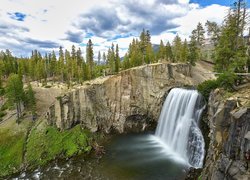 Wodospad Rainbow Falls, Skały, Świerki, Devils Postpile National Monument, Stan Kalifornia, Stany Zjednoczone