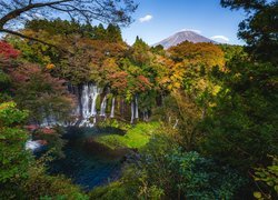 Japonia, Shizuoka, Park Narodowy Fudżi Hakone Izu, Góra Fudżi, Wodospad Shiraito, Rzeka, Drzewa, Roślinność