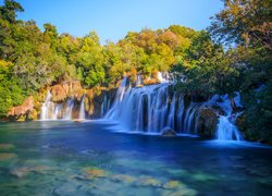 Park Narodowy Krka, Wodospad, Skradinski Buk waterfall, Drzewa, Promienie słońca, Lozovac, Chorwacja