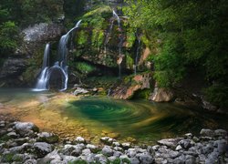 Wodospad Slap Virje, Las, Rzeka Gljun, Skała, Kamienie, Pluźna, Słowenia