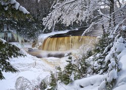 Zima, Wodospad, Tahquamenon Falls, Drzewa, Śnieg, Sople, Hrabstwo Luce, Michigan, Stany Zjednoczone