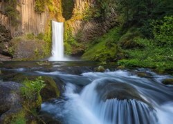 Wodospad, Toketee Falls, Rzeka, North Umpqua River, Skały, Drzewa, Stan Oregon, Stany Zjednoczone