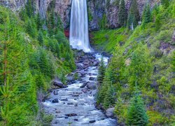 Wodospad, Tumalo Falls, Rzeka, Tumalo Creek, Skały, Drzewa, Las, Stan Oregon, Stany Zjednoczone