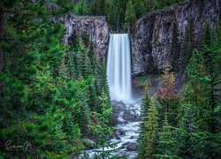 Stany Zjednoczone, Oregon, Las, Skały, Wodospad, Tumalo Falls