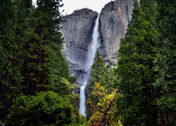 Góry, Drzewa, Skały, Wodospad, Upper Yosemite Falls, Park Narodowy Yosemite, Kalifornia, Stany Zjednoczone