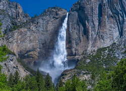 Góry, Drzewa, Wodospad, Upper Yosemite Falls, Park Narodowy Yosemite, Kalifornia, Stany Zjednoczone