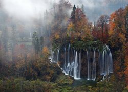 Park Narodowy Jezior Plitwickich, Plitwice, Chorwacja, Wodospad, Las, Jezioro, Jesień