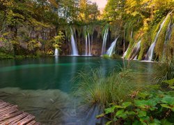 Wodospady nad jeziorem w Parku Narodowym Jezior Plitwickich w Chorwacji